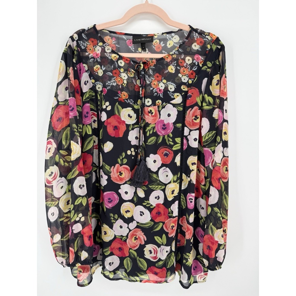 Lane Bryant Floral Tassel Peasant Blouse Top Plus Size Coquette 24